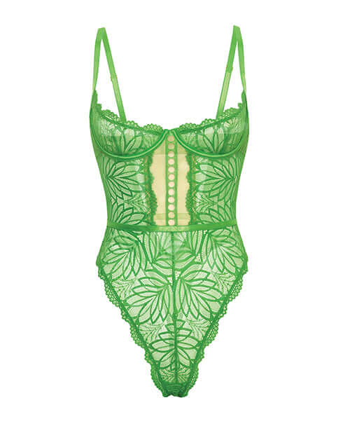 Oh La La Cheri Raine Underwire Shelf Cup Lace Teddy Green L XL showcasing elegant lace and exquisite design.