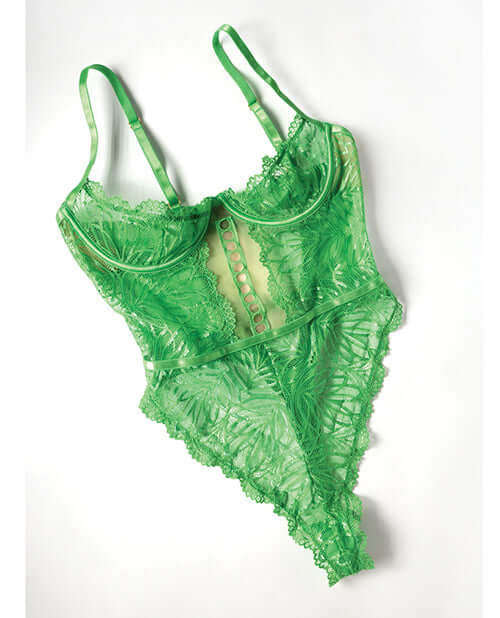 Oh La La Cheri Raine Underwire Shelf Cup Lace Teddy Green L XL displayed on a white background, featuring elegant lace details.