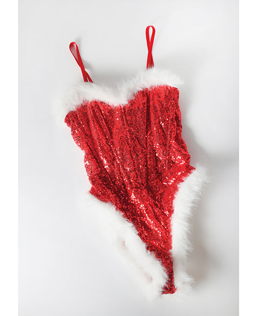 Holiday Sparkle Strapless Boned Sequin Teddy Red White 1X with sequins and marabou trim.