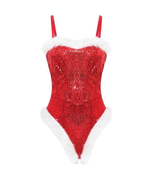 Holiday Sparkle Strapless Boned Sequin Teddy Red White 1X with shimmering sequins and soft marabou trim.