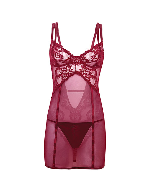 Oh La La Cheri Marisol Lace and Mesh Babydoll Zinfandel in rich burgundy, featuring sheer lace and mesh for a romantic look.