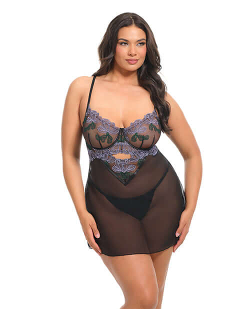 Jenna Floral Embroidered Mesh Babydoll Purple/Black 1X model in sheer mesh with floral embroidery.
