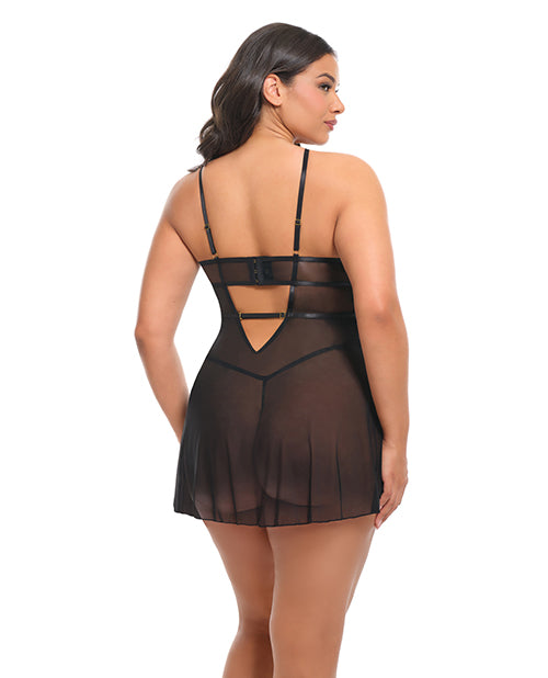 Jenna Floral Embroidered Mesh Babydoll Purple/Black 1X back view showcasing delicate mesh and elegant design.