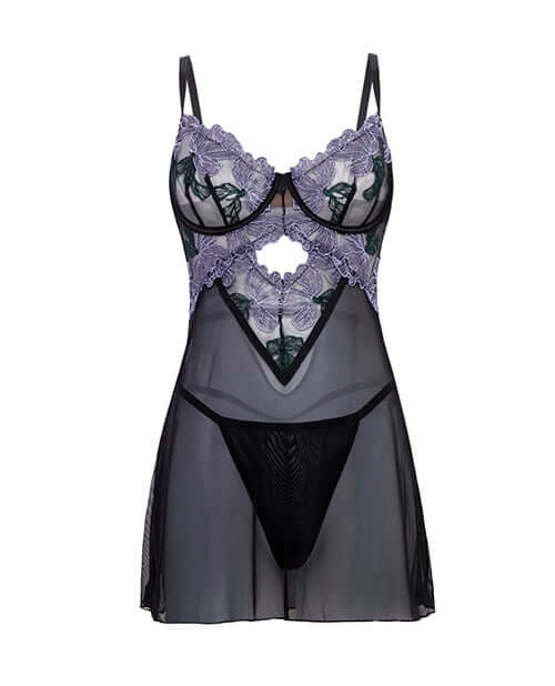 Jenna Floral Embroidered Mesh Babydoll Purple/Black 1X featuring floral embroidery and sheer mesh design.
