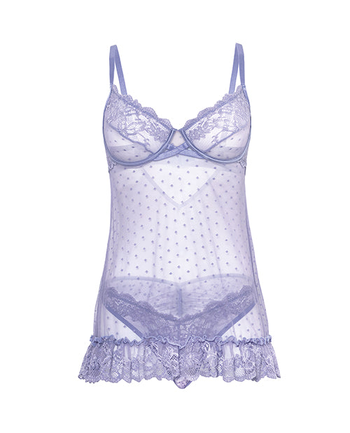 Amira Lace Underwire Babydoll with Panty Purple Haze S/M displayed in soft lace and sheer pin dot mesh.