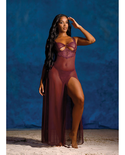 Antonella Lace Underwire Gown with O-Ring Burgundy Large worn by model, showcasing sexy sheer lace and dramatic side slit.