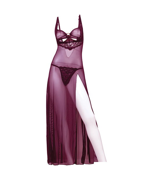 Antonella Lace Underwire Gown With O-Ring Burgundy Medium showcasing sheer lace, a dramatic side slit, and cutout underwire cups.