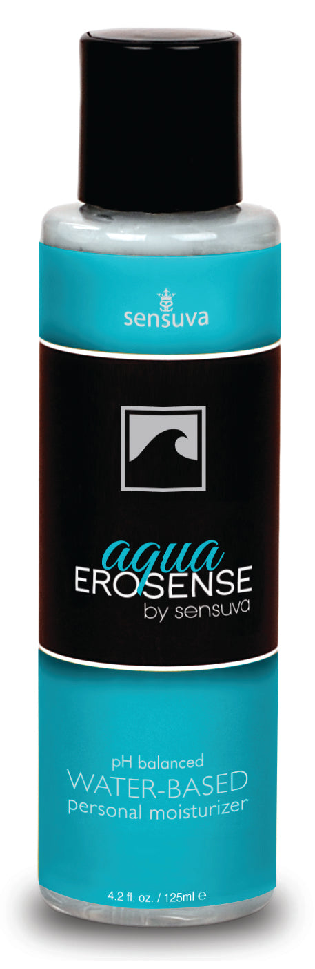 Sensuva Natural Water Based Personal Moisturizer 4 Oz bottle with aqua design and black label.