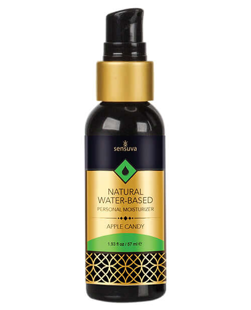 Natural Water Based Moisturizer Apple Candy 1.93 Oz bottle with black and gold design.