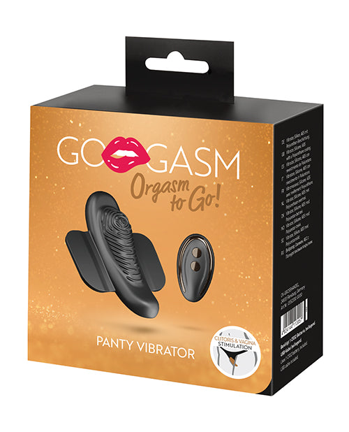 GoGasm Panty Vibrator Black packaging with logo and product details for discreet pleasure on the go.