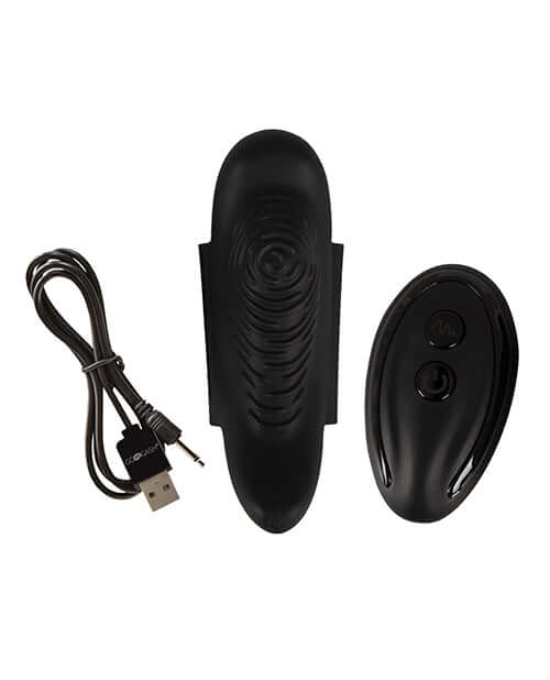 GoGasm Panty Vibrator Black with USB charging cable and remote control for discreet pleasure.