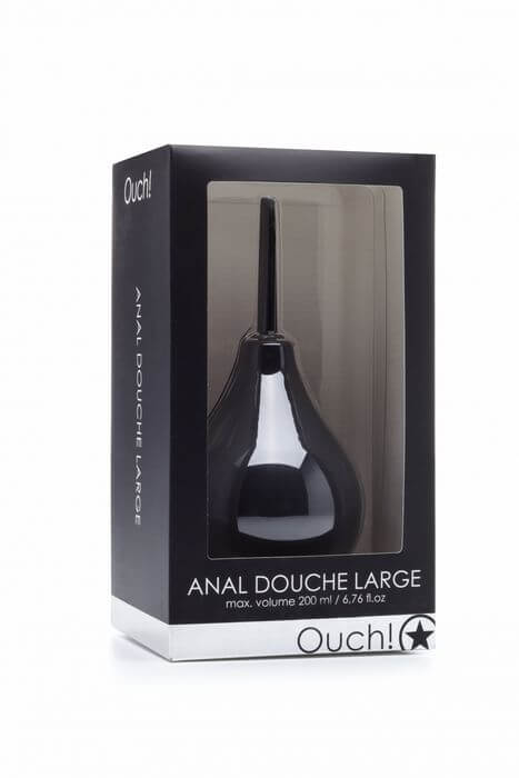 Anal Douche Large Black packaging featuring a large-capacity cleansing solution for effective use.