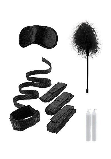 Ouch Bed Bindings Restraint Kit Black featuring adjustable cuffs, blindfold, and accessories for bondage play.