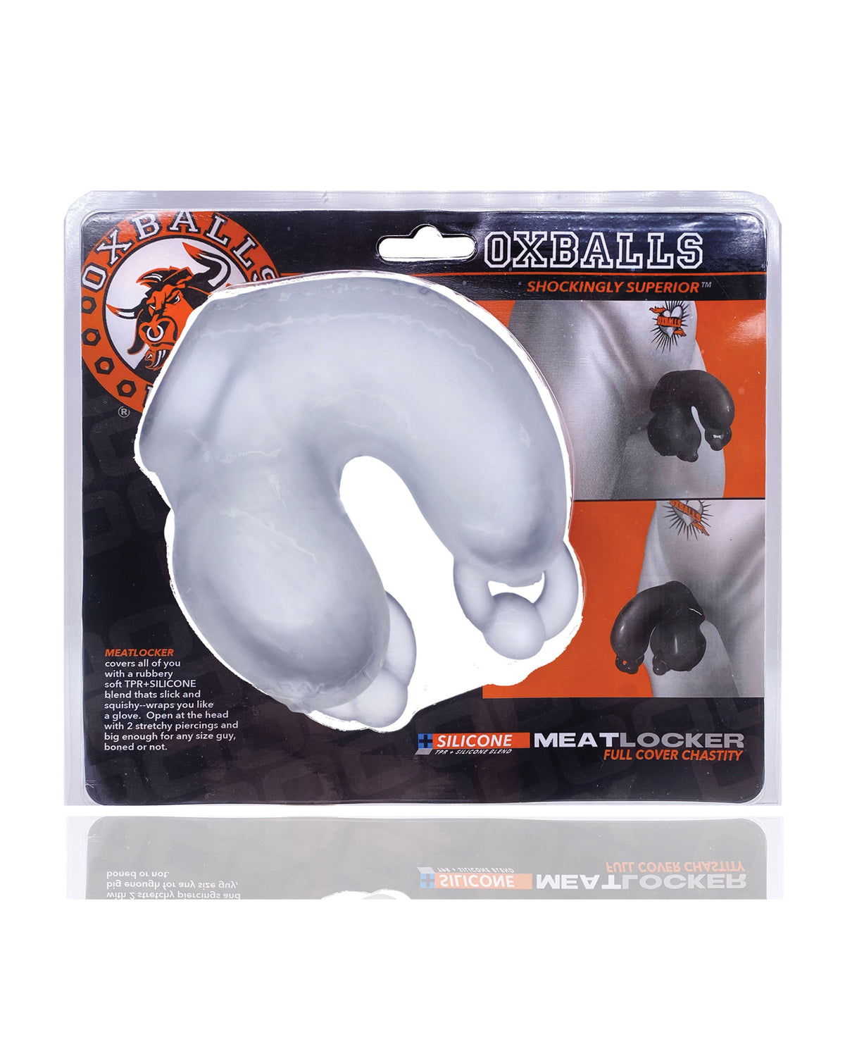 Oxballs Meatlocker Chastity Cage Clear packaging showcasing the full-cover chastity device by Oxballs.