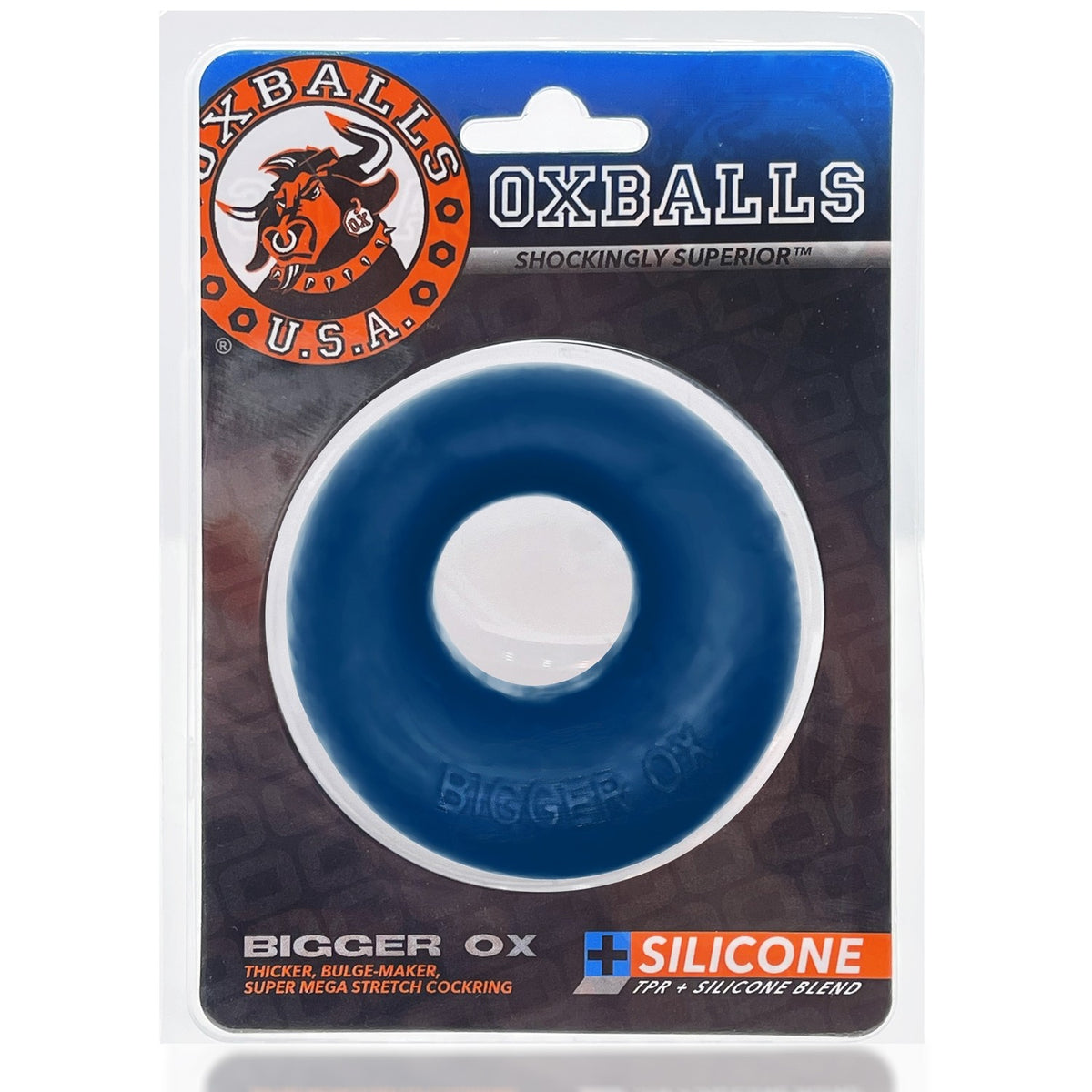 Oxballs Bigger Ox Cockring Space Blue Ice on packaging, showcasing the thick, stretchy design for a bigger bulge.