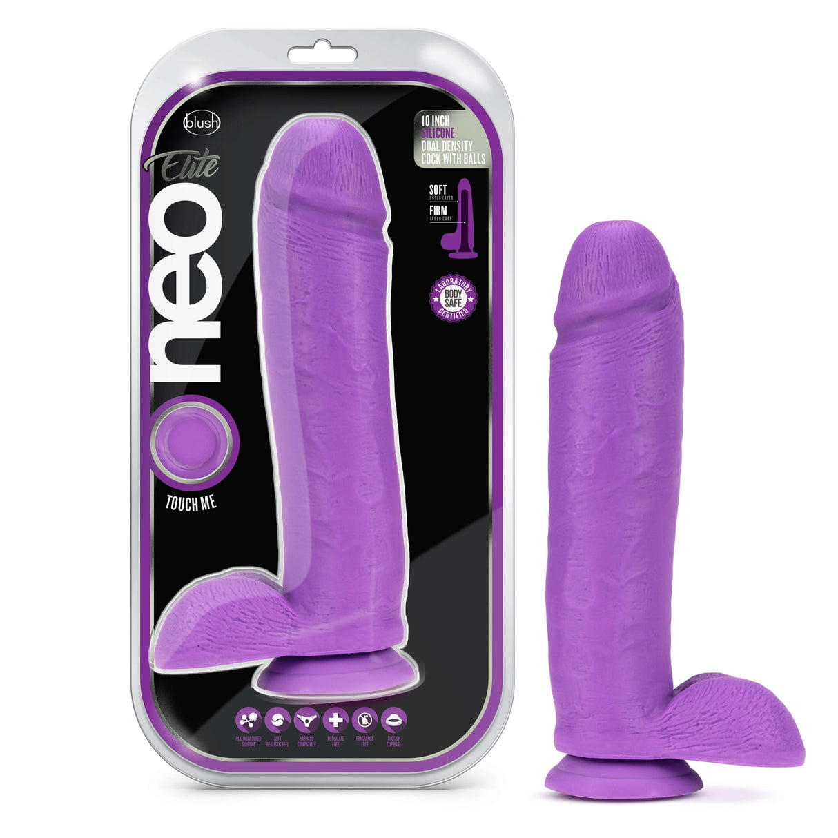 Neo Elite 10 Inch Silicone Dual Density Cock with Balls Purple displayed in packaging.