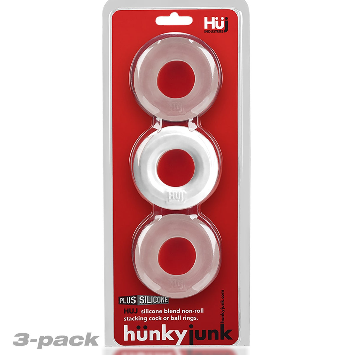 Hunkyjunk HUJ3 Silicone C-Ring 3 Pack White Ice & Clear packaging featuring three rings in a stacked display.