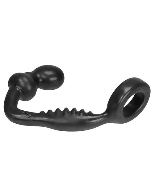 Hunkyjunk Ripple Asslock Cock Ring Butt Plug Tar showcasing a sleek black design with rippled texture for stimulation.