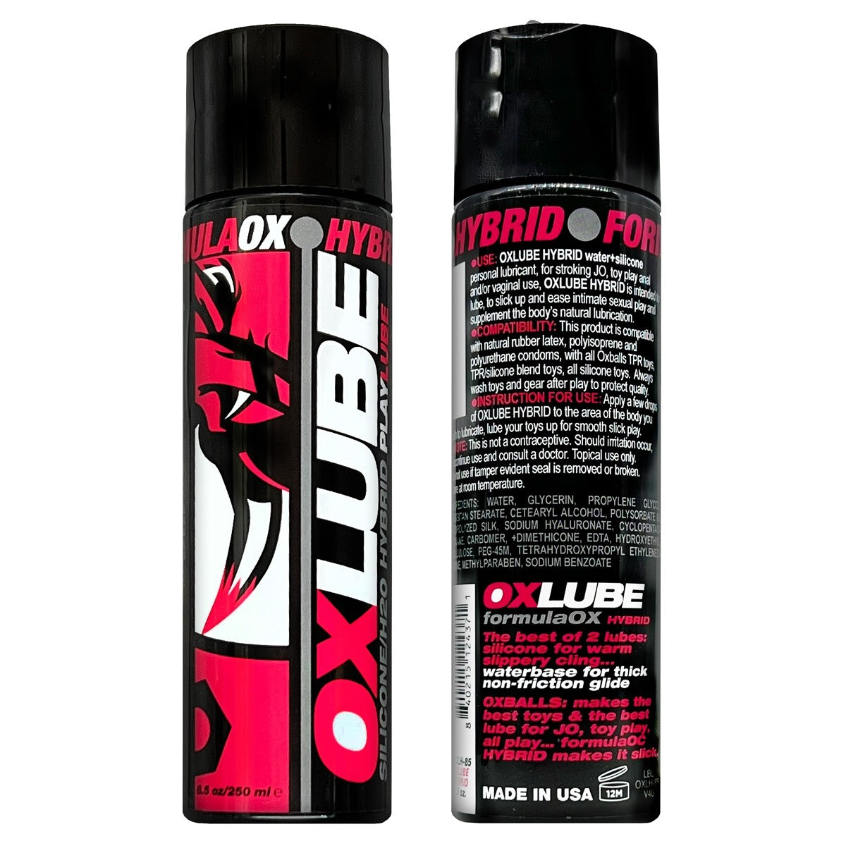 Oxballs Hybrid Lube Water Silicone Blend 8.5 Oz bottle, featuring a premium blend of water and silicone for long-lasting glide.