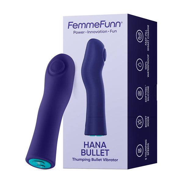 Femme Funn Hana Bullet Thumping Vibrator Purple alongside its packaging, showcasing its discreet design and features.