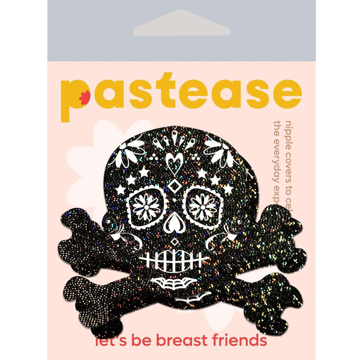 Pastease Skull Black Glitter Candy Pasties packaging featuring a glittery skull and crossbones design on a pink background.
