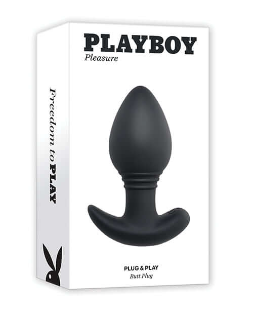 Playboy Pleasure Plug & Play Butt Plug Navy product packaging featuring a sleek silicone design.