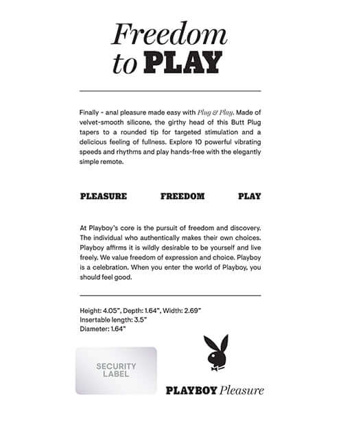 Playboy Pleasure Plug & Play Butt Plug Navy product details with dimensions and features for enjoyable anal exploration.