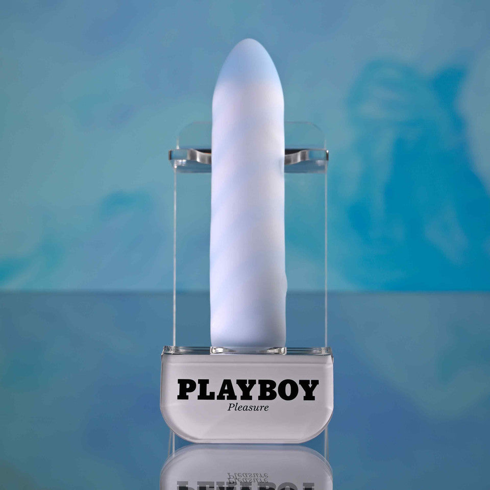 Playboy Unicorn Vibes Silicone Vibrating Bullet Blue displayed, highlighting tapered tip for pleasure and smooth silicone.