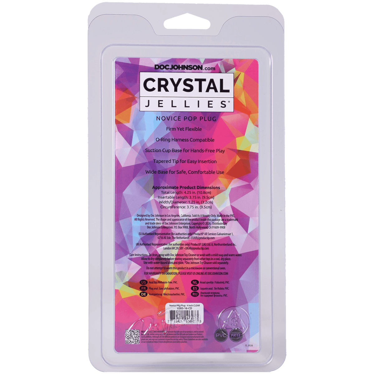 Crystal Jellies Novice Pop Plug 4 Inch Clear packaging, showing features and dimensions for beginner-friendly anal play.
