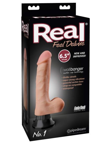 Real Feel Deluxe No 1 6.5 inch Vibrating Dildo Flesh packaging showing lifelike details and features.