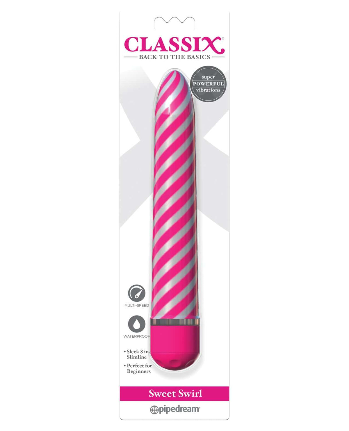 Classix Sweet Swirl Vibrator Pink in sleek design with metallic spiraling finish and packaging details.