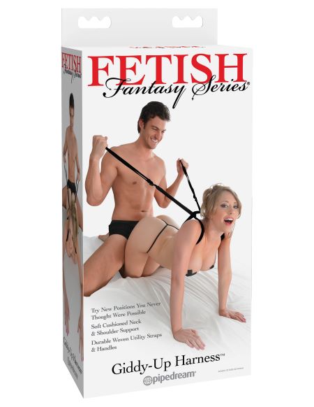 Fetish Fantasy Giddy Up Position Harness Black packaging showcasing innovative design for enhanced intimacy and control.