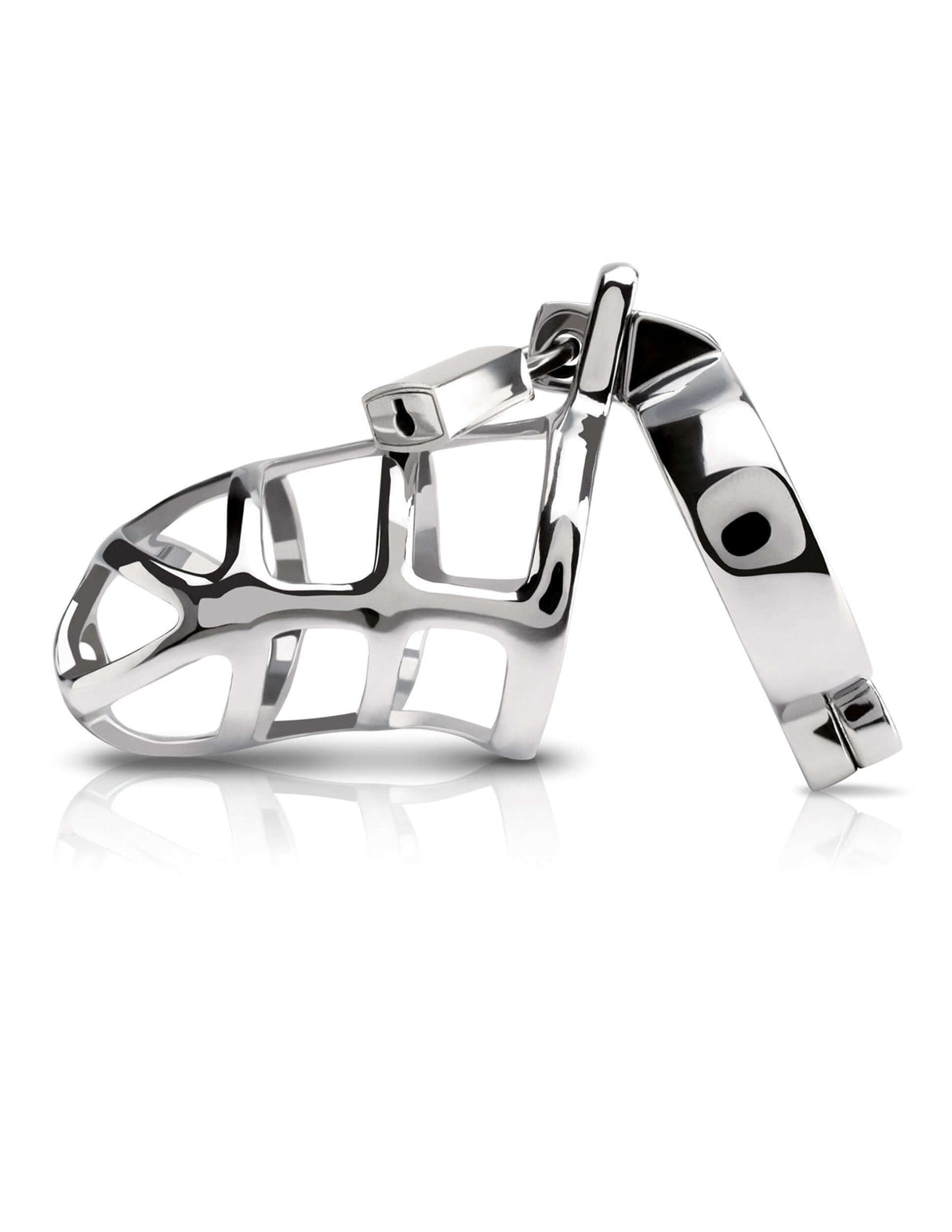 Pipedream Metal Worx Steel Cock Cage showcasing a luxurious, hand-polished steel design with a unique body-inspired shape.