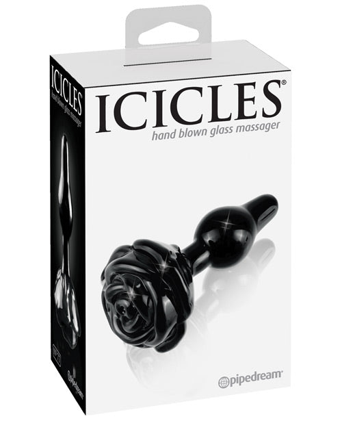 Icicles No 77 Hand Blown Glass Rose Butt Plug Black packaging display with elegant design.