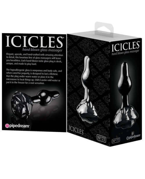 Icicles No 77 Hand Blown Glass Rose Butt Plug Black packaging showing elegant design and features.