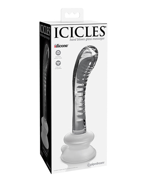 Icicles No 88 Glass G-Spot Suction Cup Massager Clear showcased in packaging, designed for targeted stimulation.