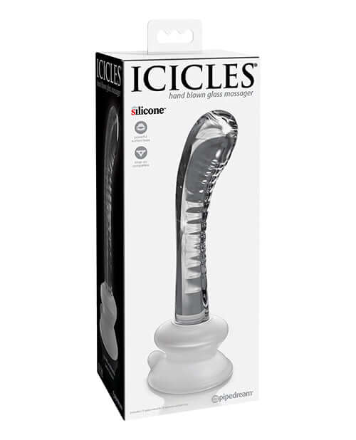 Icicles No 88 Glass G-Spot Suction Cup Massager Clear showcased in packaging, designed for targeted stimulation.