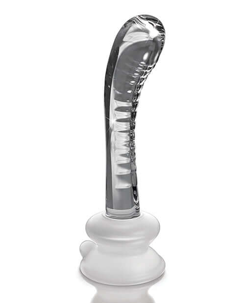 Icicles No 88 Glass G-Spot Suction Cup Massager Clear with curved design and ridged texture for stimulation.