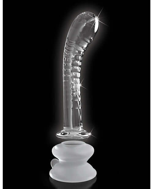 Icicles No 88 Glass G-Spot Suction Cup Massager Clear with sleek design and detailed ridges for deep stimulation.