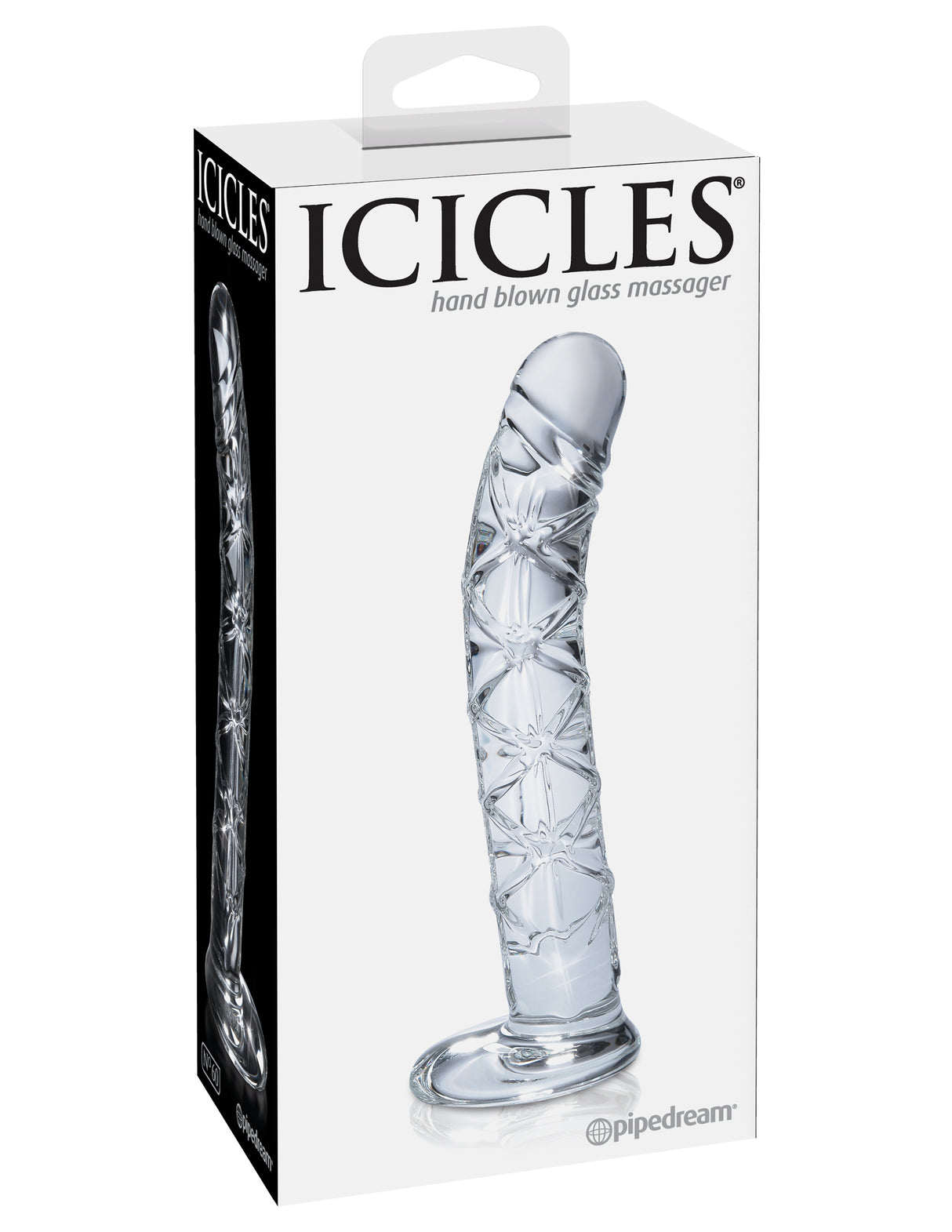 Icicles No 60 Glass G-Spot P-Spot Dildo Clear packaging featuring a hand-blown glass massager.