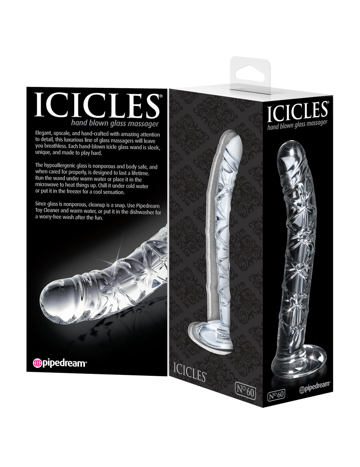 Icicles No 60 Glass G-Spot P-Spot Dildo Clear in packaging showcasing its elegant design and unique features.
