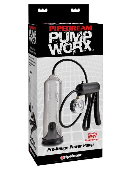 Pump Worx Pro-Gauge Power Penis Pump Clear Black packaging showcasing the professional-grade power pump design.
