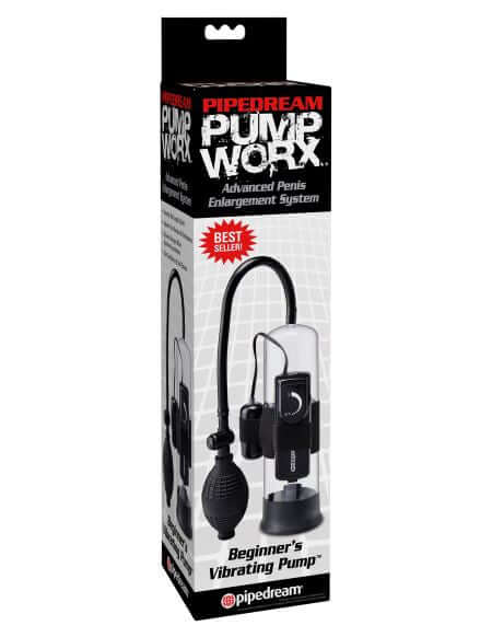 Pump Worx Beginners Vibrating Pump packaging showcasing advanced penis enlargement system and user-friendly design.