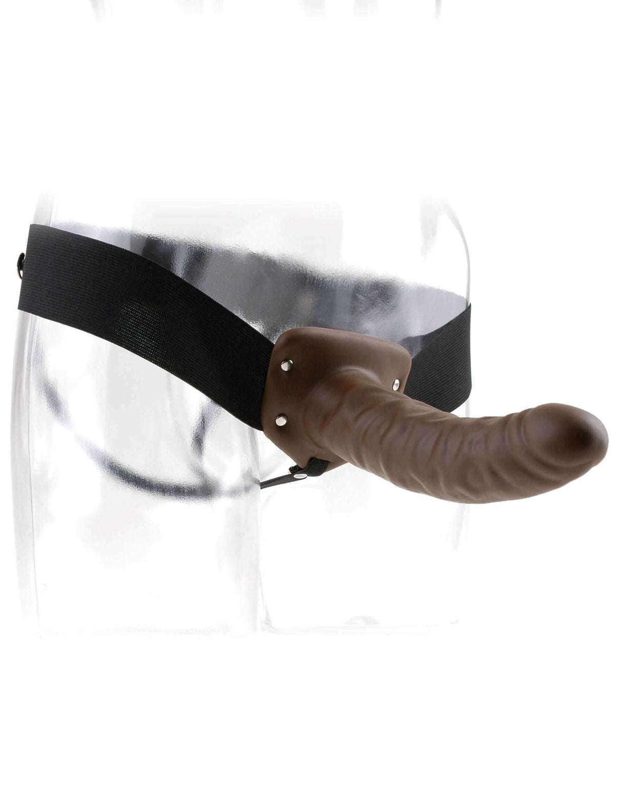 Fetish Fantasy Series 8 inches Hollow Strap On Brown displayed on a mannequin to showcase its realistic design and versatility.