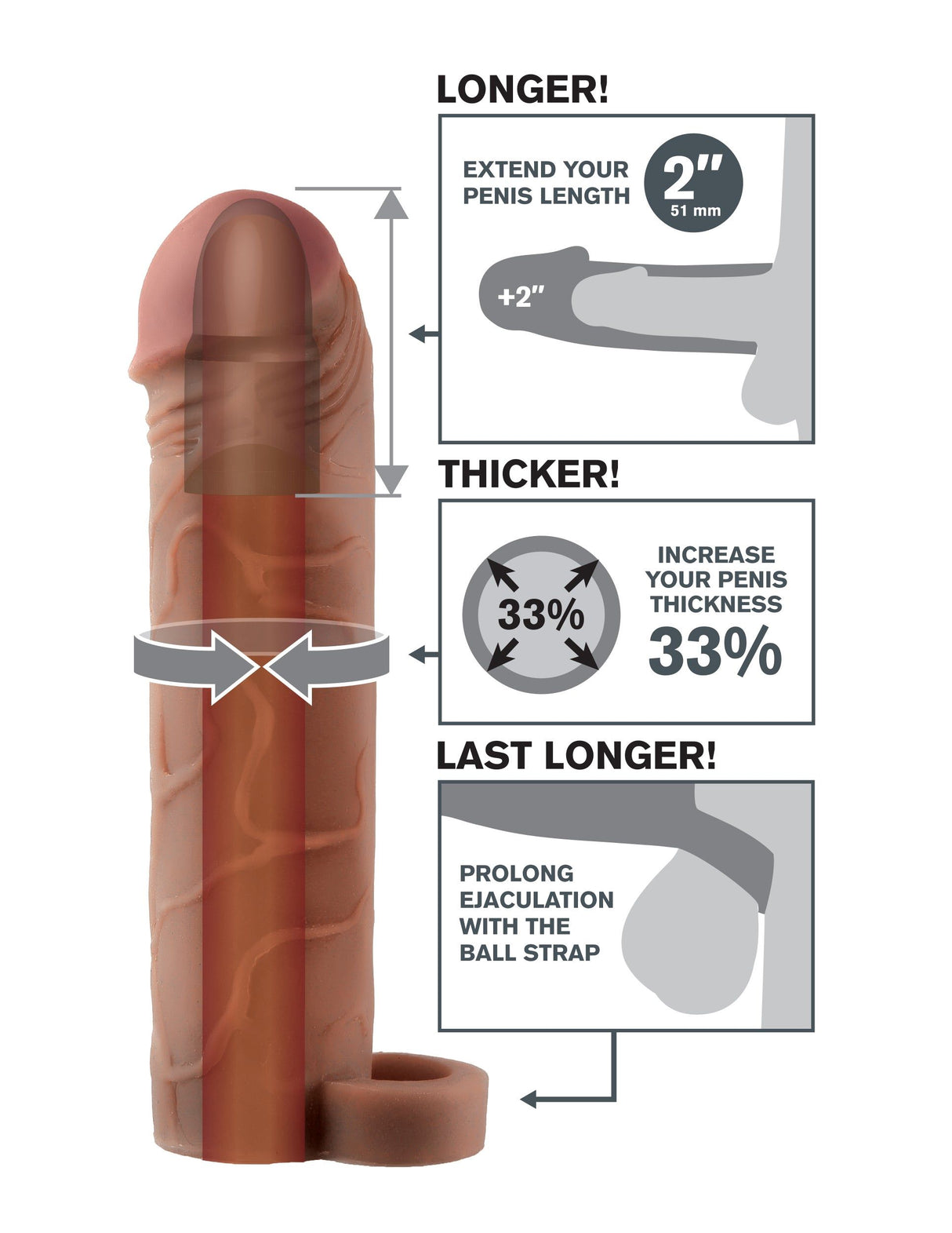 Fantasy X-tensions Perfect Extension 2 inch With Ball Strap provides longer and thicker erection enhancement.