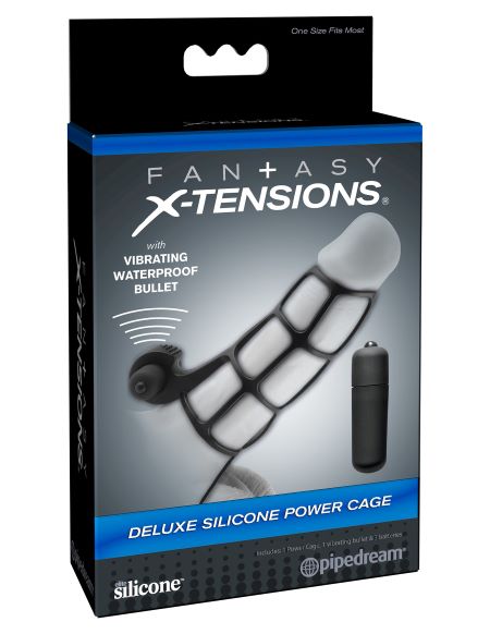 Fantasy X-Tensions Deluxe Silicone Power Cage Black packaging with vibrating waterproof bullet.