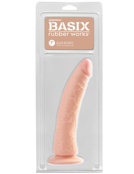 Basix Rubber Works 7 inch Flesh Slim Dong With Suction Cup packaging featuring a lifelike design and realistic details.