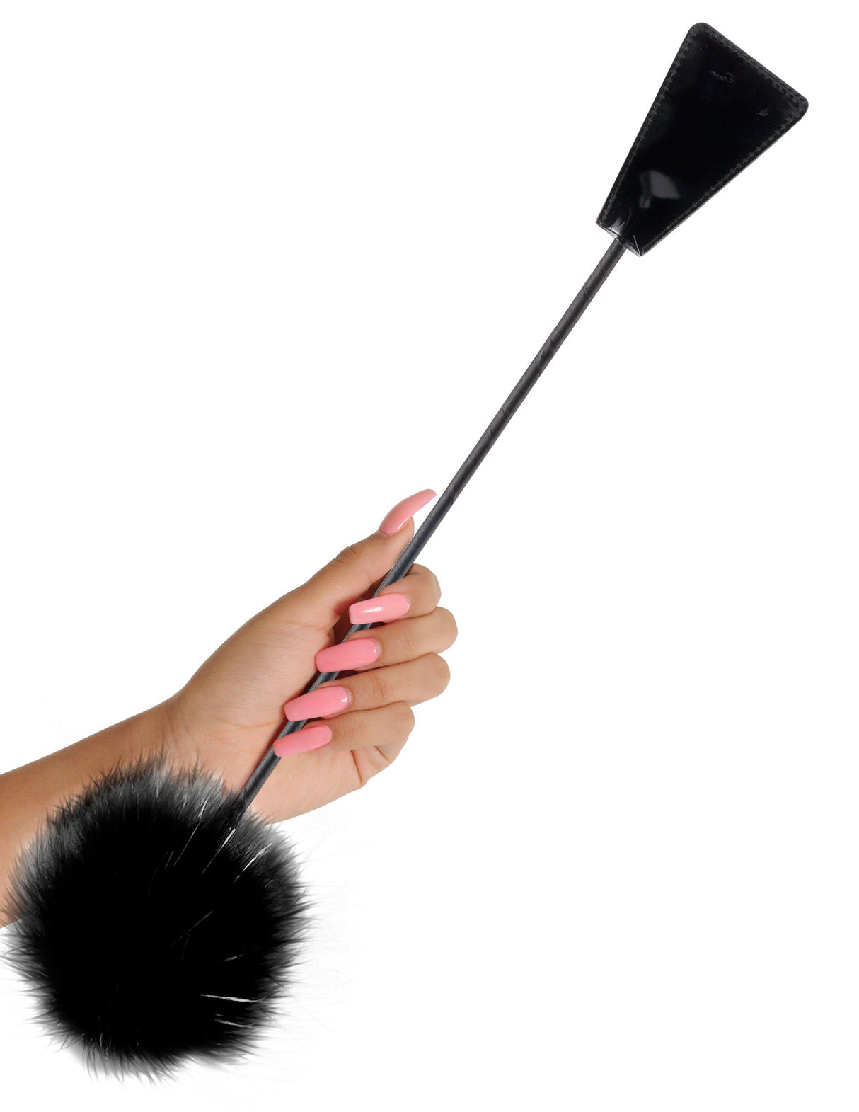 Fetish Fantasy Limited Edition Feather Crop Black held in hand with pink nails, featuring faux feather tickler.