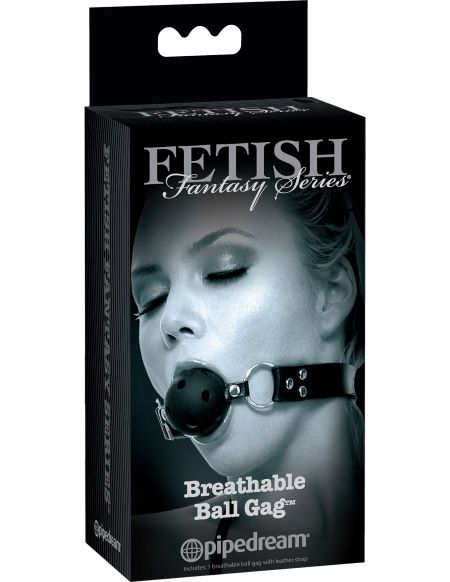 Fetish Fantasy Limited Edition Breathable Ball Gag packaging featuring a model wearing the gag.
