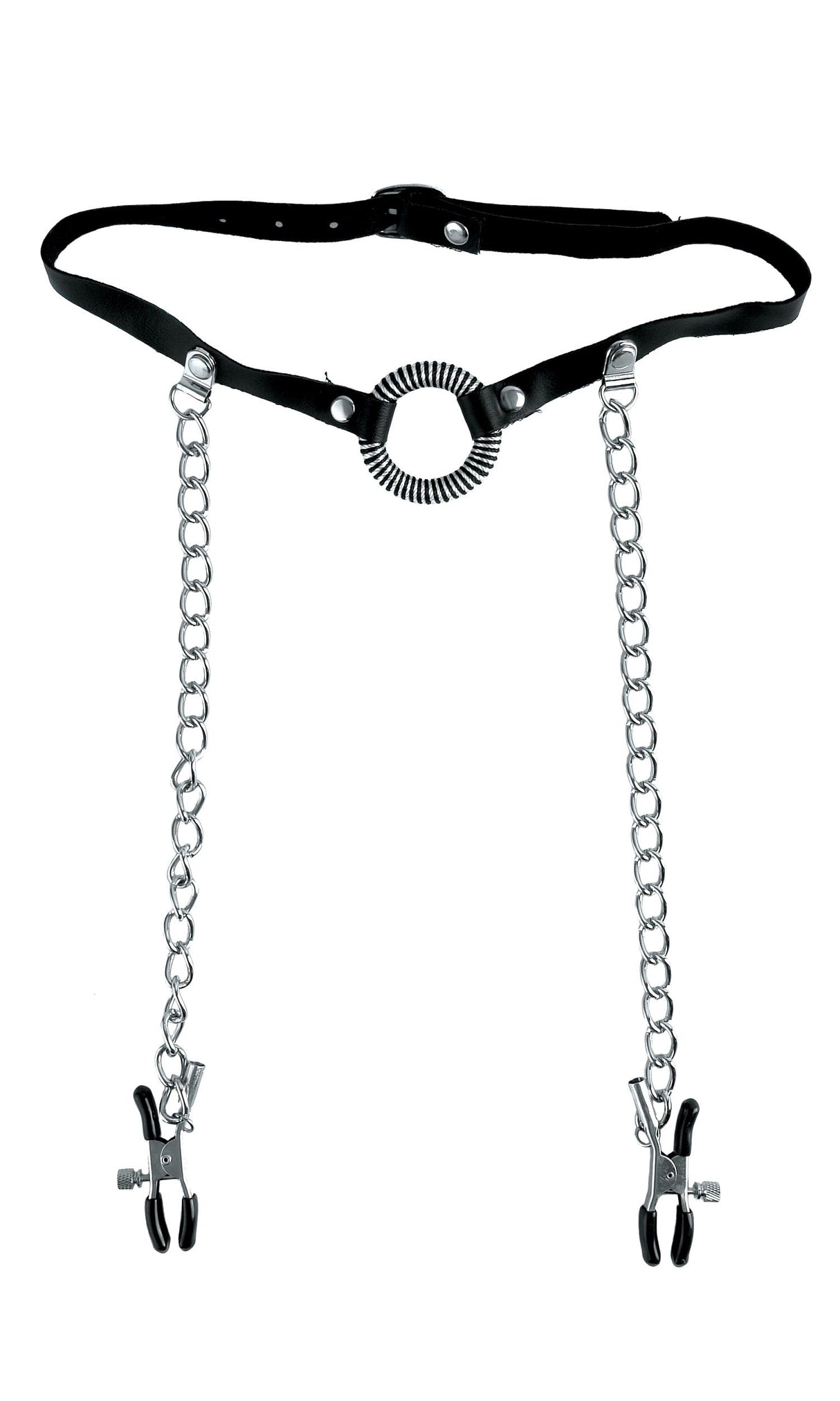 Fetish Fantasy Limited Edition O-Ring Gag & Nipple Clamps with black leather and chains.